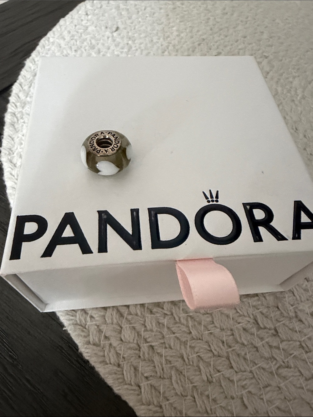 Pandora light black Glass Heart Charm with White Hearts